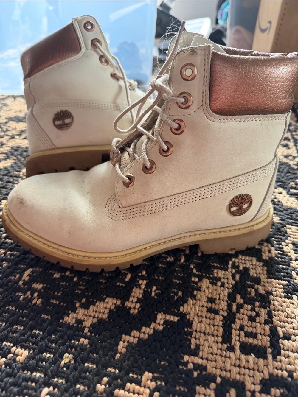 Timberland Cream Leather Boots with Copper Collar